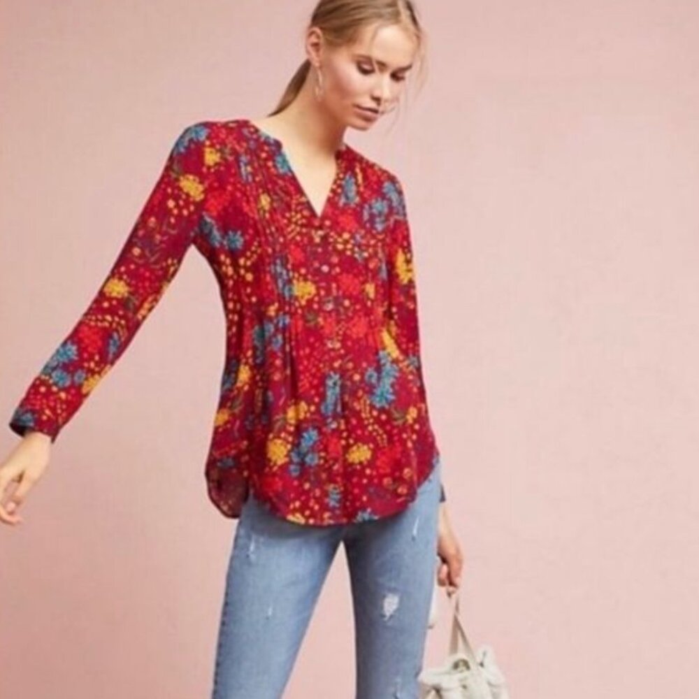 MAEVE Anthropologie Red Floral Long Sleeve Pullover Blouse size large